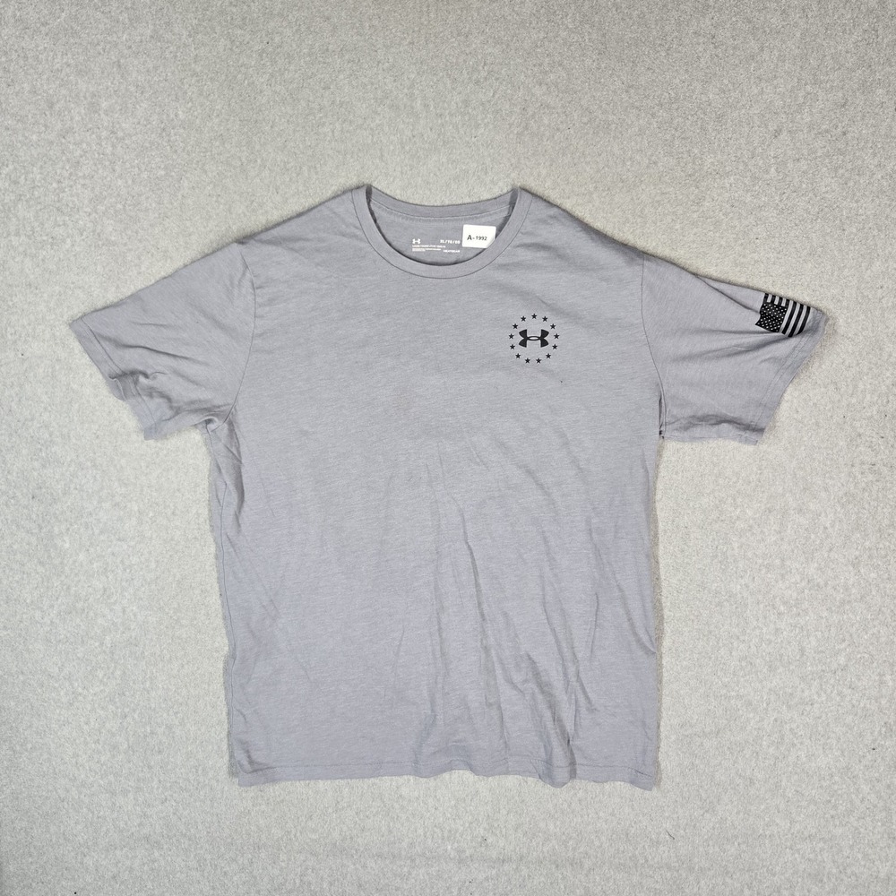 Under Armour Men Shirt XL Gray Flag Freedom Activewear Logo Loose Short Sleeve